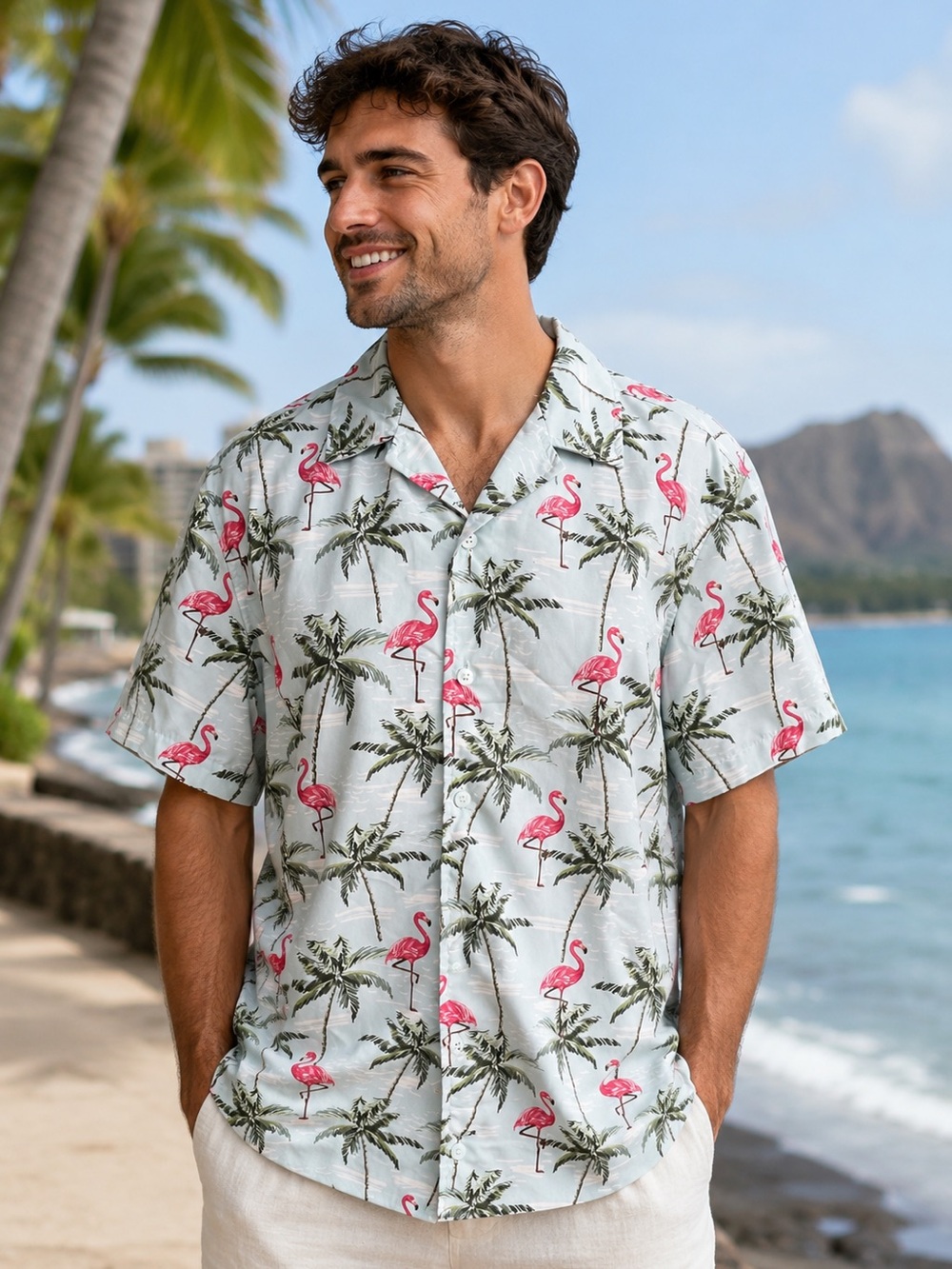 Brother Light Blue Flamingo & Palm Short Sleeve Button-Down Shirt